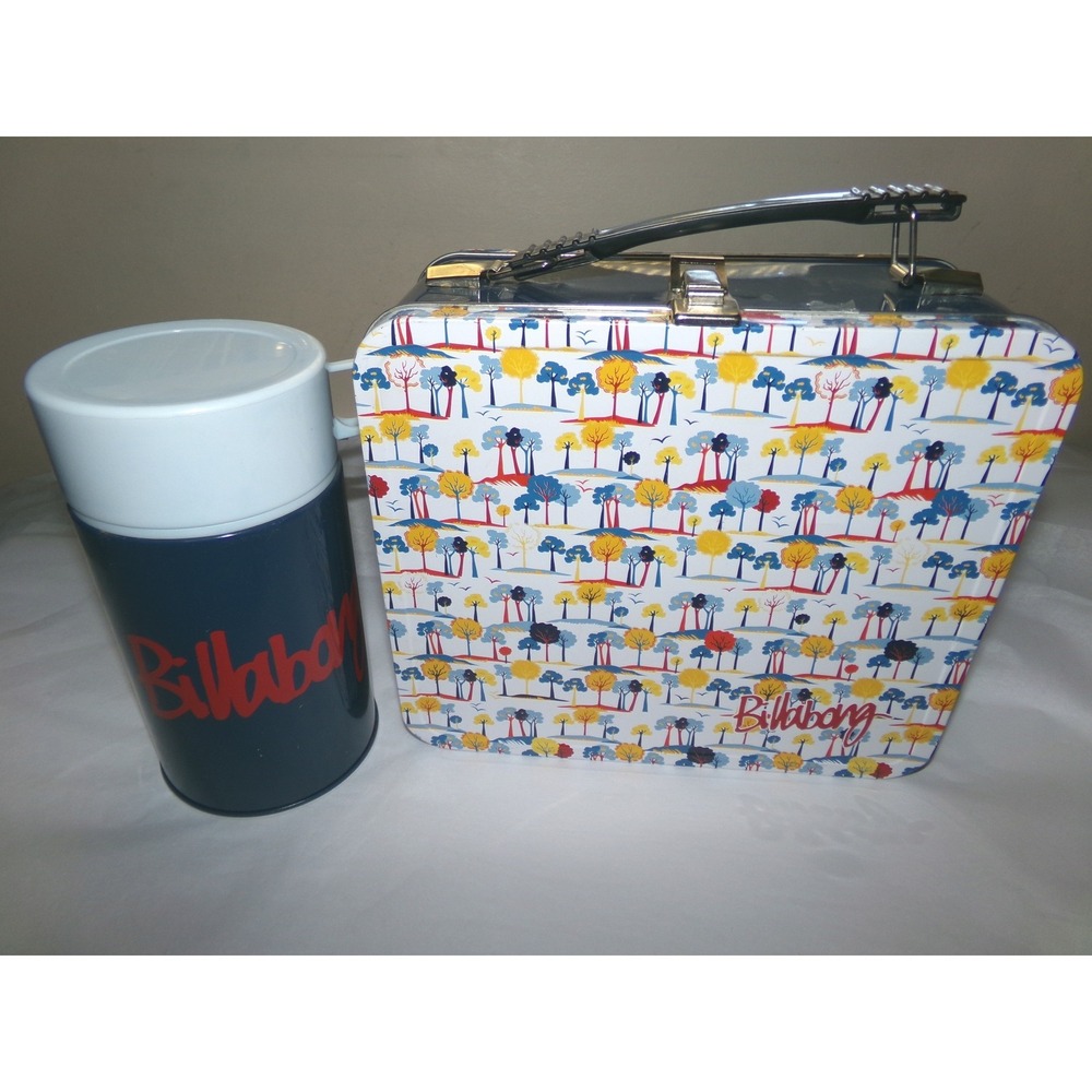 Billabong Metal Lunch Box with Thermos Vintage Style Tree Print Tin Lunch Pail